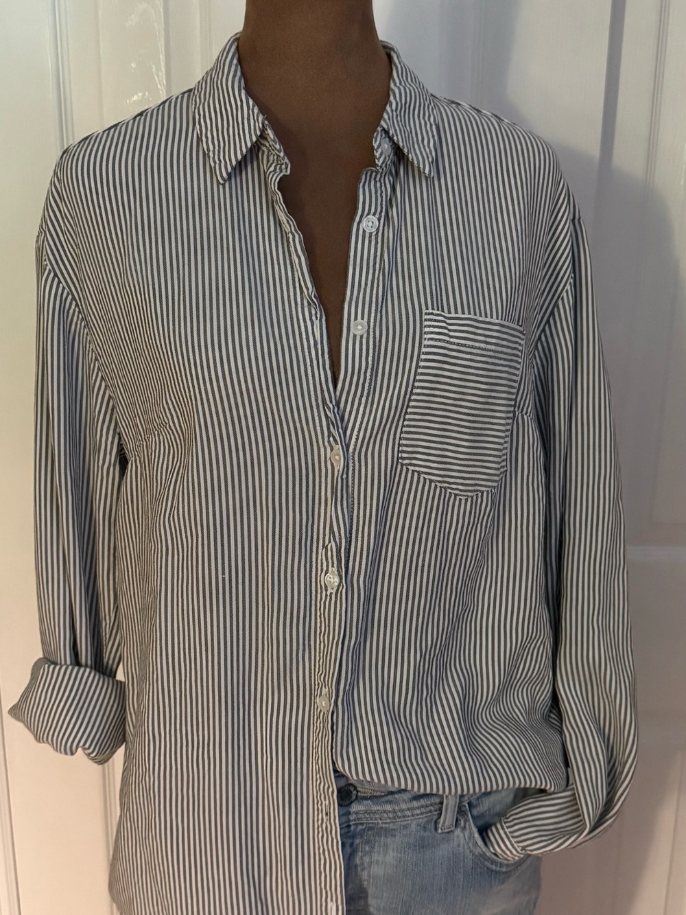 a new day Women’s Blue and White Striped Button-Up Blouse